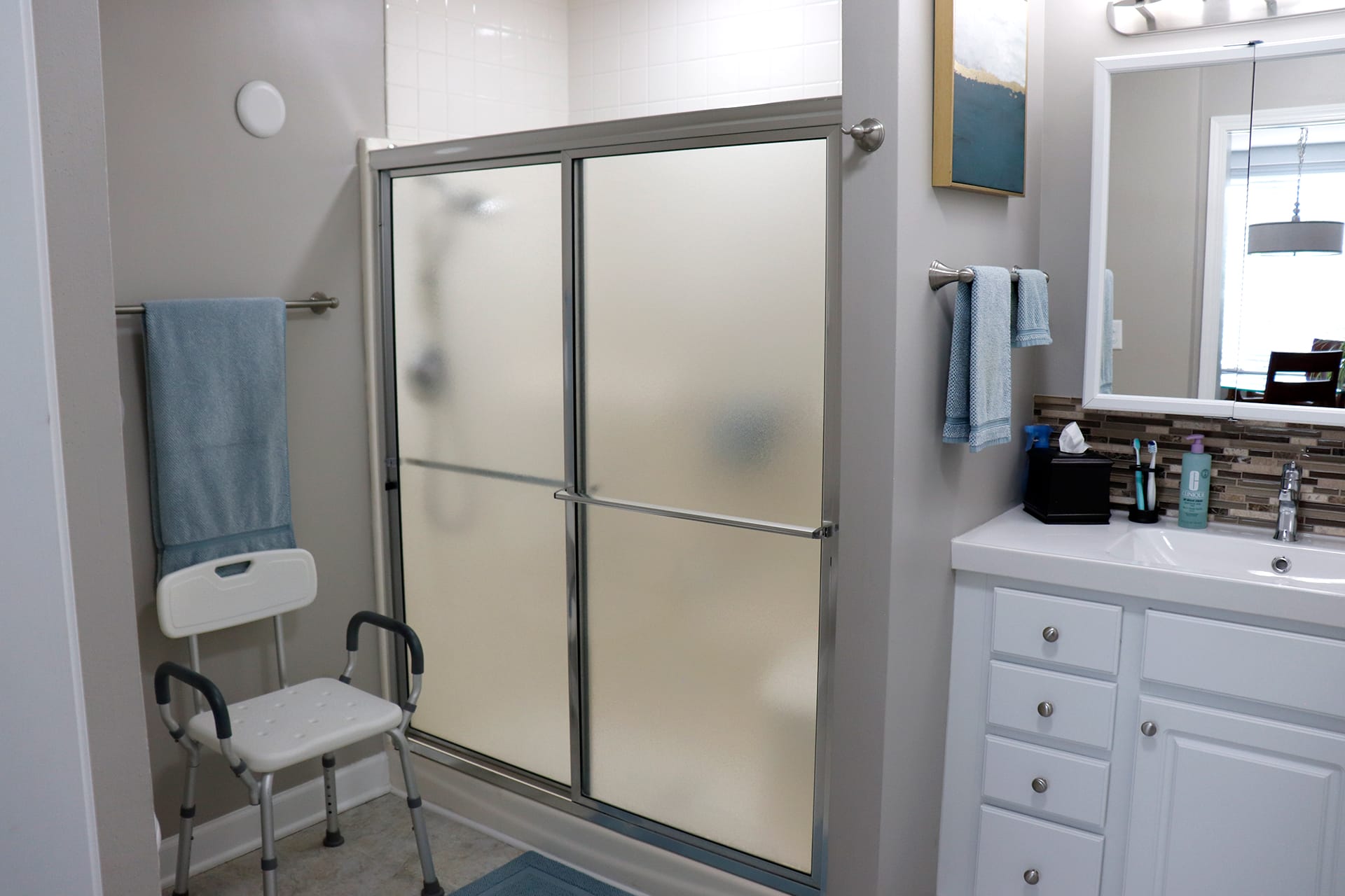 Bathroom of personal care apartments at Oak Crest in DeKalb, Illinois
