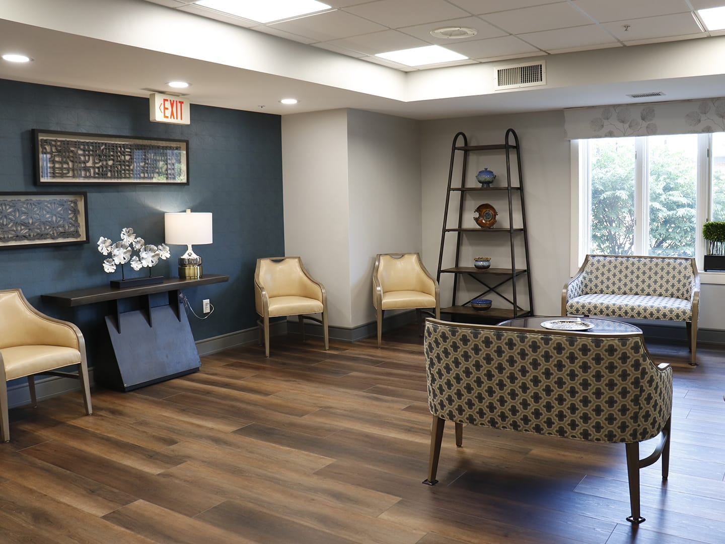Waiting area of the dining room at Oak Crest in DeKalb, Illinois